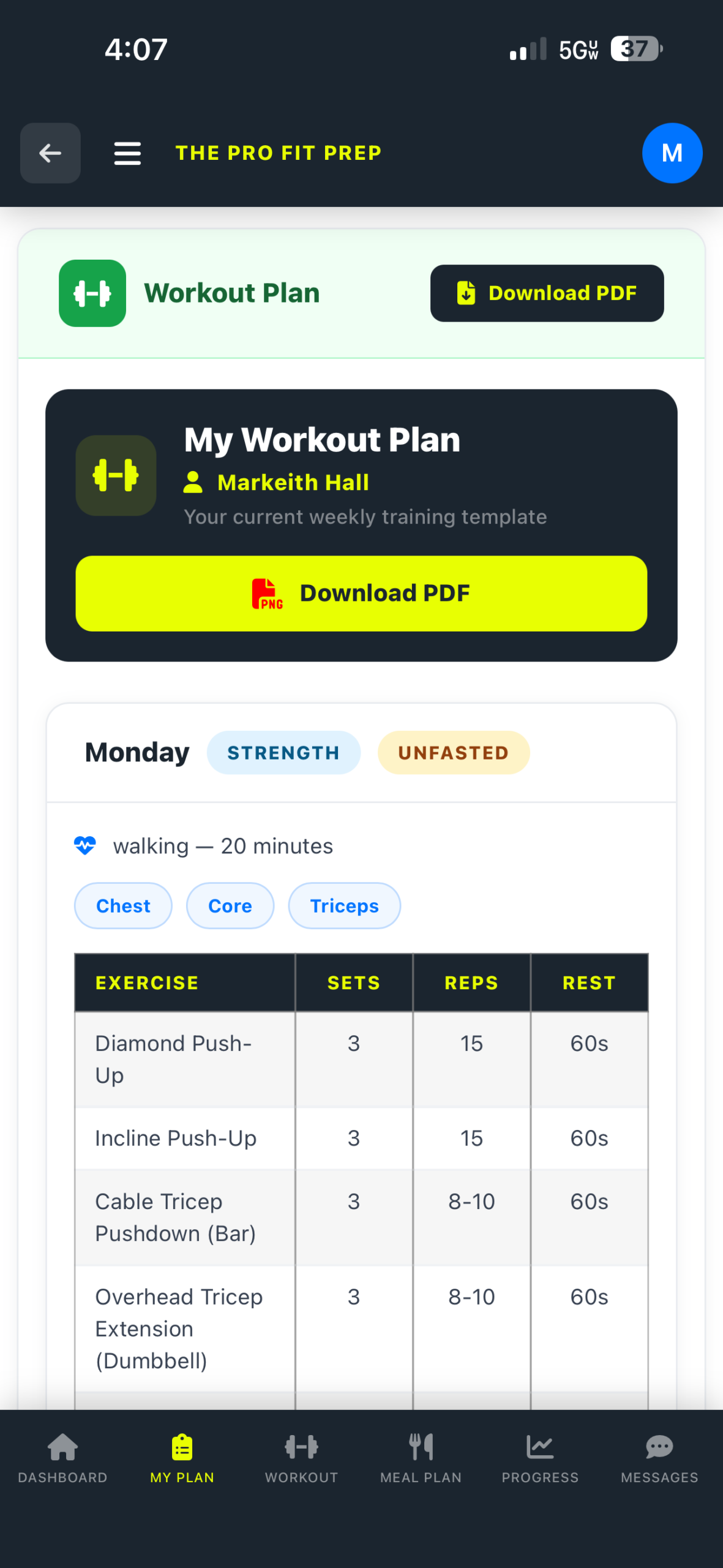 Workout plan screen