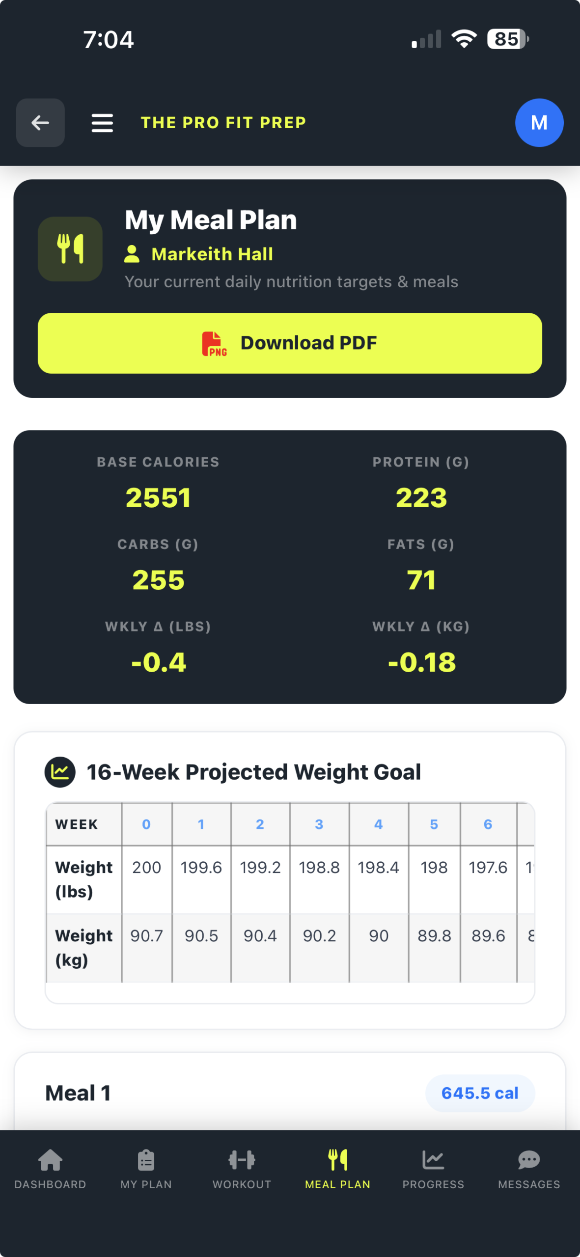 Meal plan screen