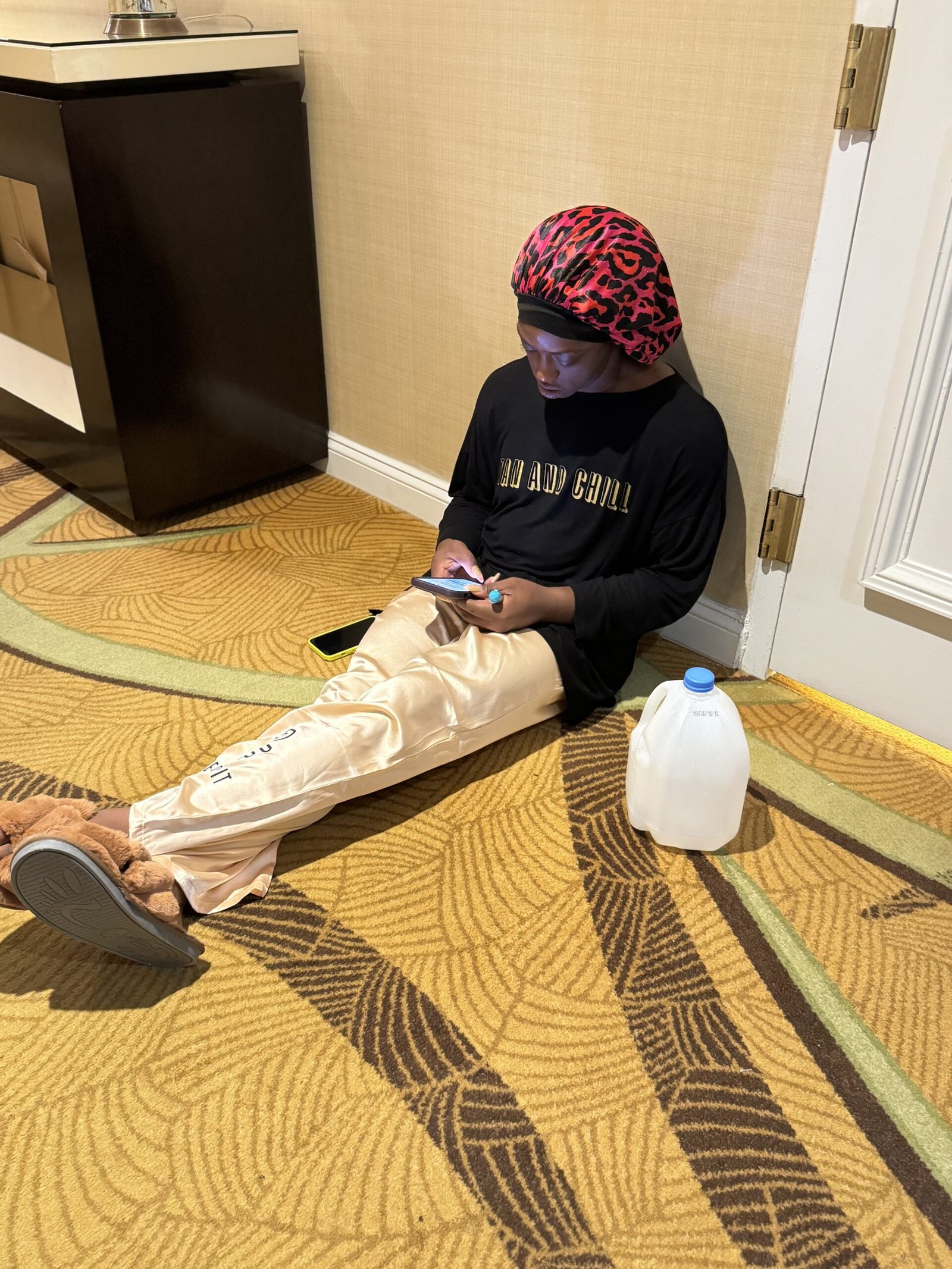 Sheronica Henton waiting to be tanned the day before the New York Pro